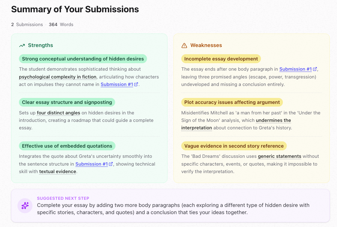 Student report: strengths, weaknesses, next steps summary